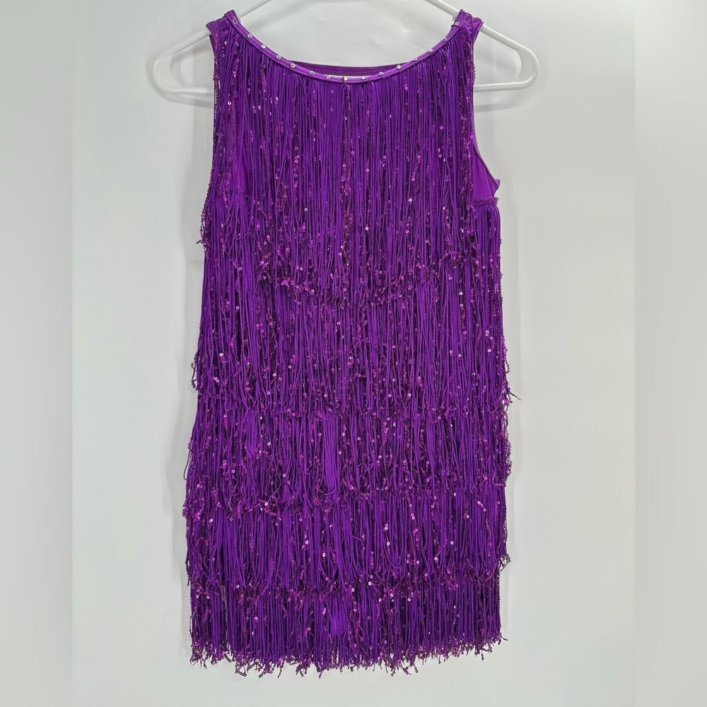Weissman Dance Purple Fringe Unitard Sparky Flapper Costume Adult Size MA 8/10